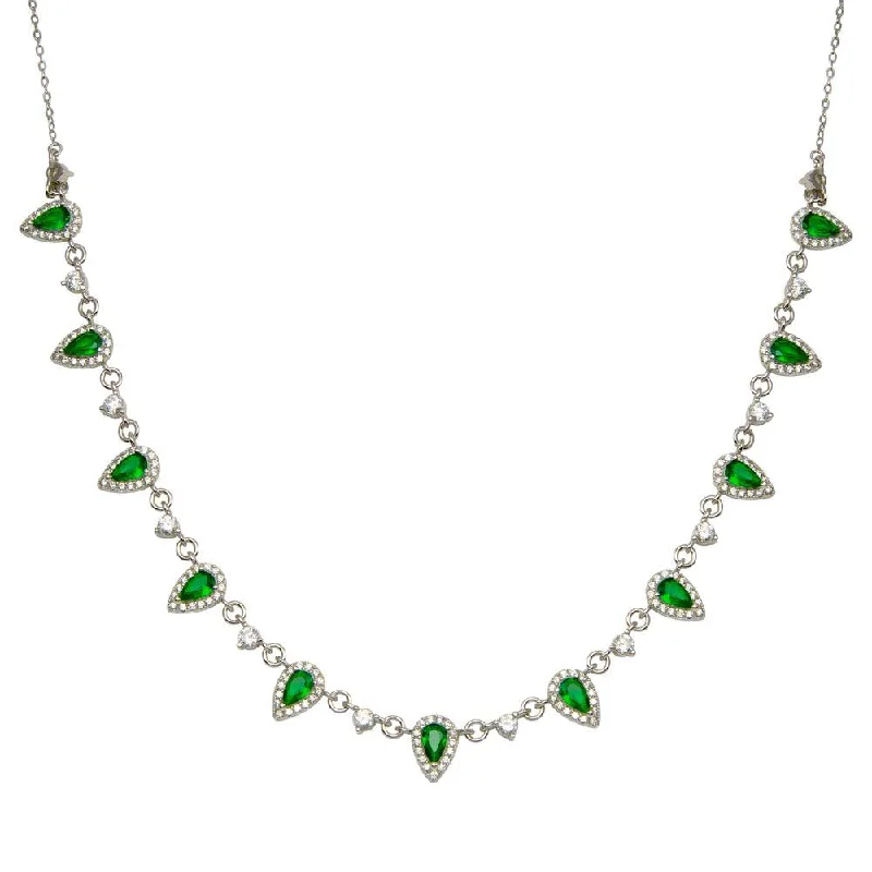 925 Sterling Silver Silver Green and Clear Multi CZ Necklace - BGP01389