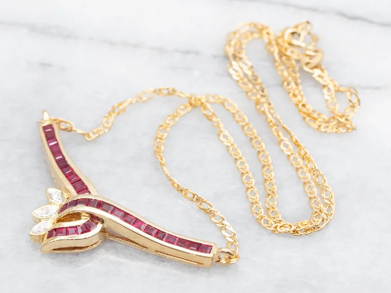 Square Cut Ruby and Diamond Necklace