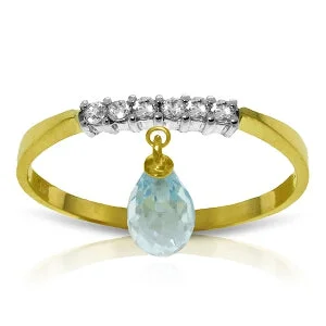 1.45 Carat 14K Solid Yellow Gold Ring Natural Diamond Dangling Blue Topaz