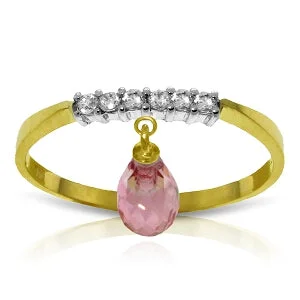 1.45 Carat 14K Solid Yellow Gold Ring Natural Diamond Dangling Pink Topaz