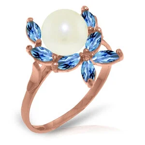 14K Solid Rose Gold Ring w/ Natural Blue Topaz & Pearl