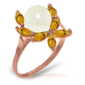 14K Solid Rose Gold Ring w/ Natural Citrines & Pearl