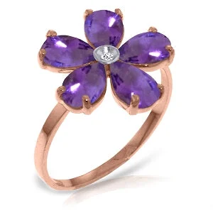 14K Solid Rose Gold Ring w/ Natural Diamond & Purple Amethysts