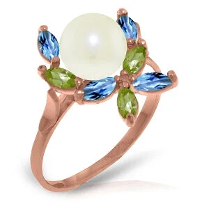 14K Solid Rose Gold Ring w/ Natural Peridots, Blue Topaz & Pearl