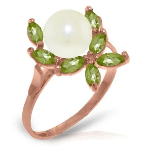 14K Solid Rose Gold Ring w/ Natural Peridots & Pearl