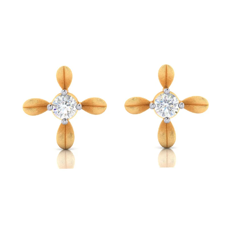 18k 4 Petal Floral Designed Gold Earrings With Diamond