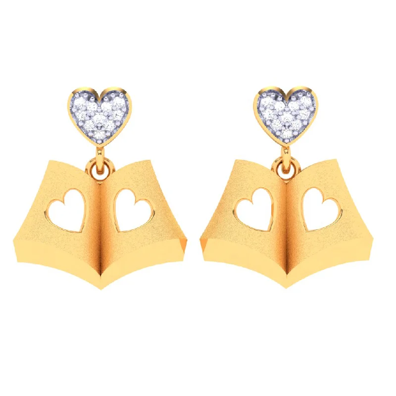 18k Book-shaped Gold Stud Earrings With A Love Shaped Diamond