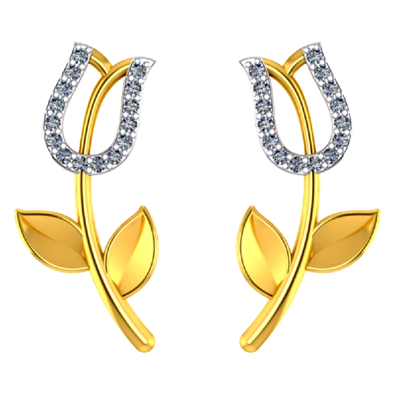 18k Diamond Earrings With Floral Design And Leafy Detailing