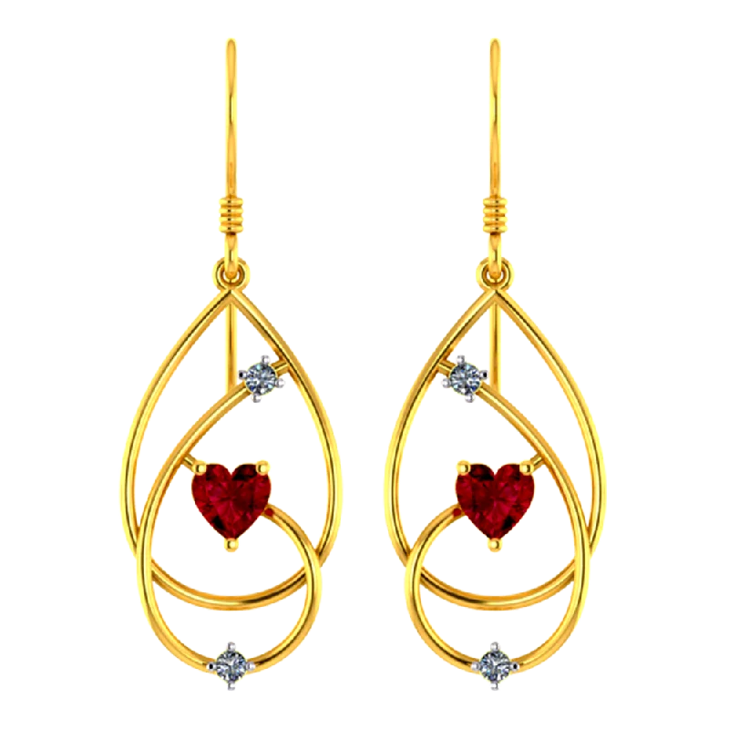 18k Diamond Earrings With Intricate Design And Red Heart Shaped Stone