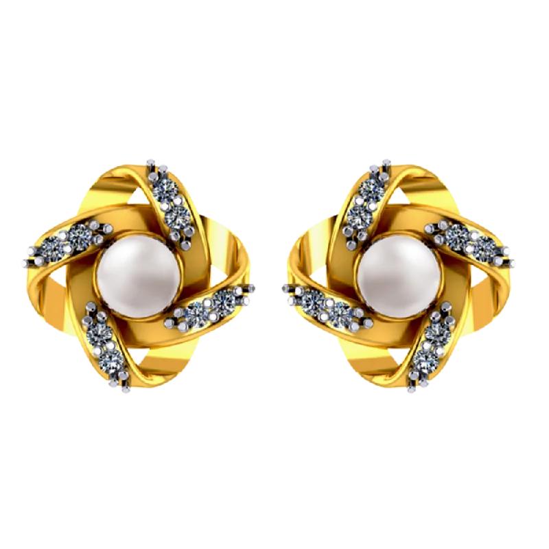 18k Floral 3d Gold Diamond Earrings With Pearl And Graceful Design