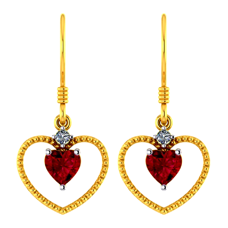 18k Heart Shaped Diamond Earrings With A Red Stone