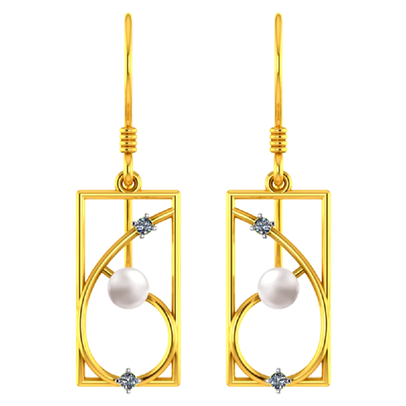 18k Rectangular Diamond Earrings With Unique Design And A Pearl