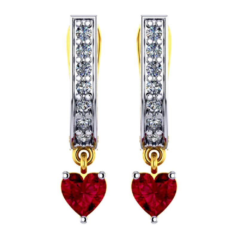 18k U-shaped Diamond Earrings With A Red Heart Stone Hanging