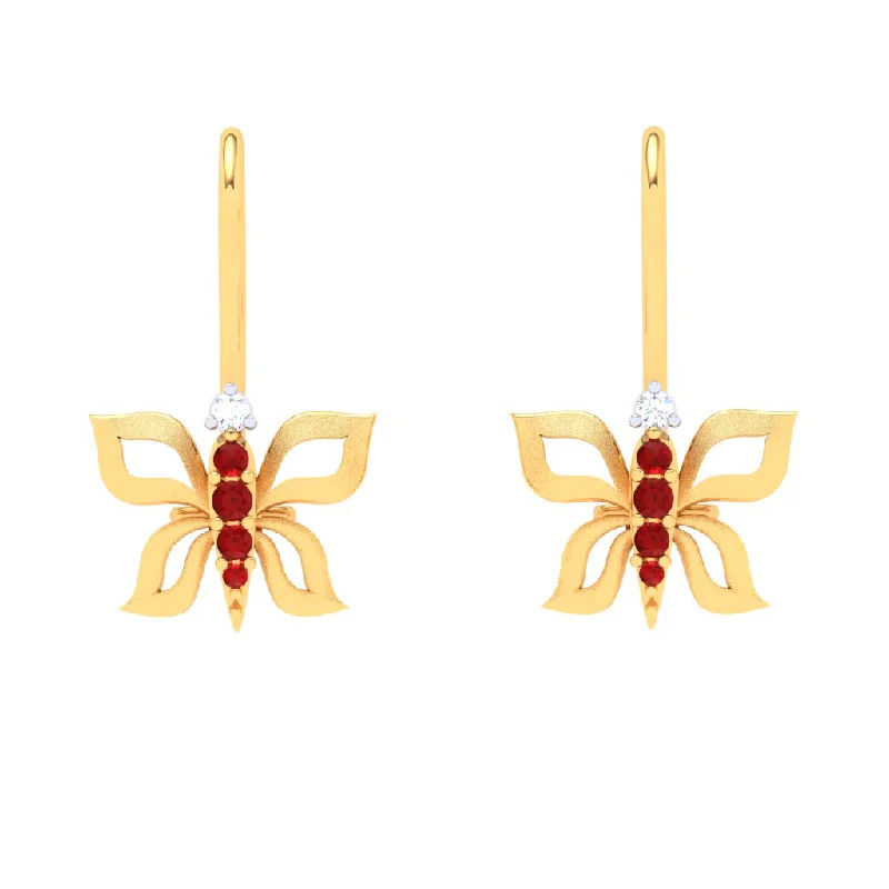 18KT Butterfly Shape With Red And Yellow Stone Gold Drop Earring From Diamond Collection