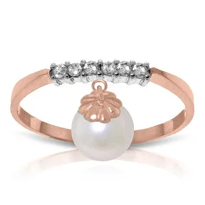 2.1 Carat 14K Solid Rose Gold Ring Natural Diamond Dangling Pearl