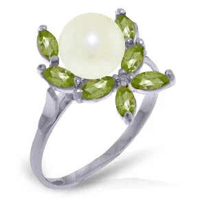 2.65 Carat 14K Solid White Gold Ring Natural Peridot Pearl