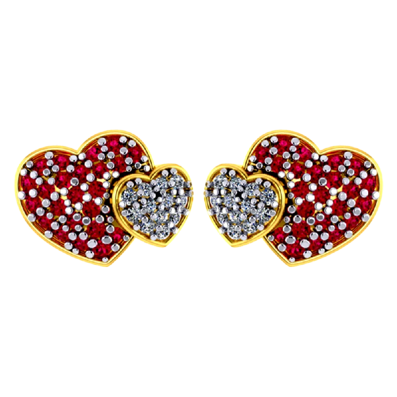 Beautiful Dual Heart Shaped 18k Diamond Earrings With Red Detailing