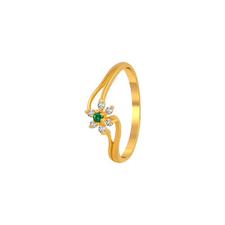 Green Stone Studded Fancy Gold Ring Design